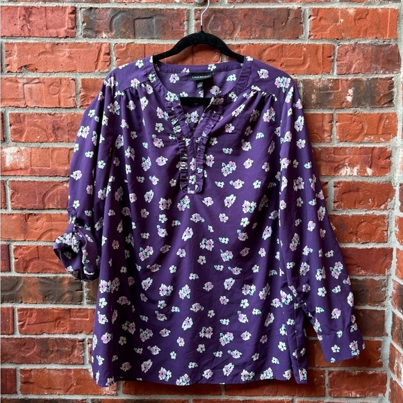 Lane Bryant 16 Purple Floral Sleeve Vneck Ruffle Long Roll Tab Career Blouse - Picture 10 of 10